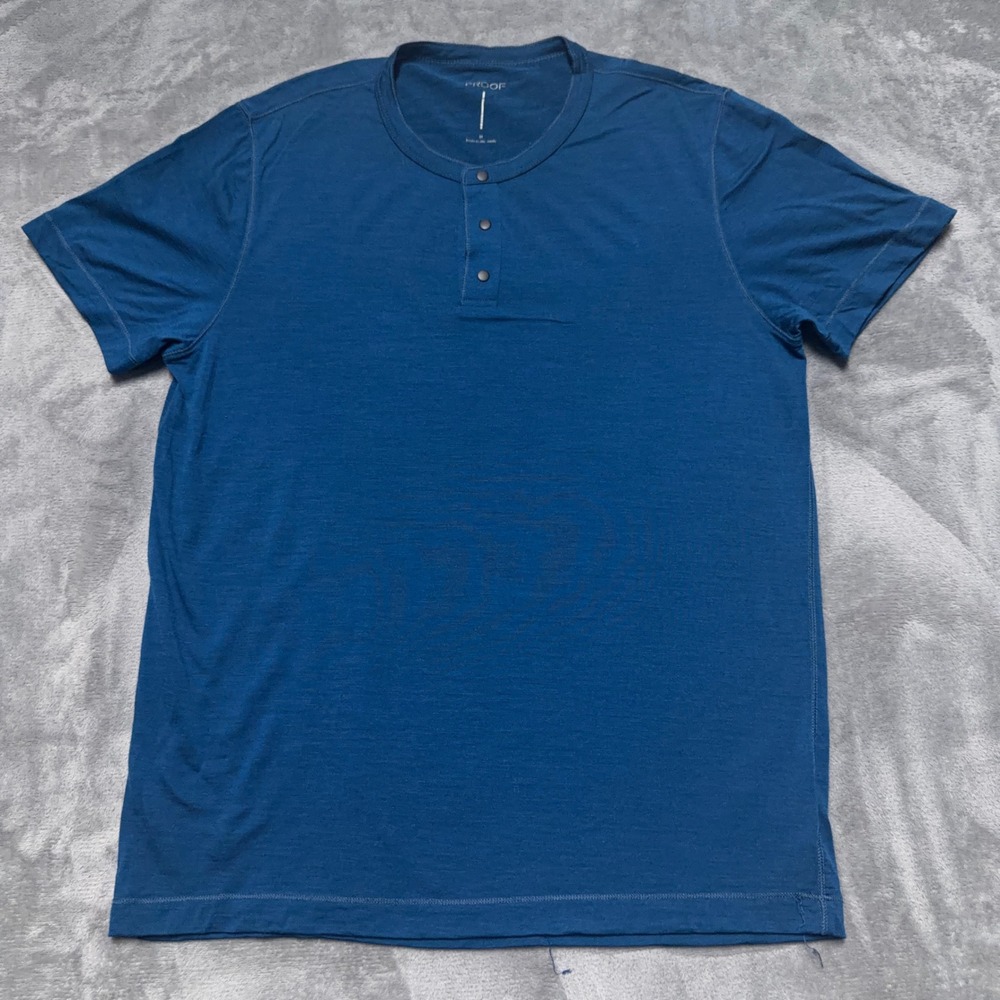 Proof 72-Hour Henley Shirt Mens Medium Blue Merino Wool Short Sleeve Tee